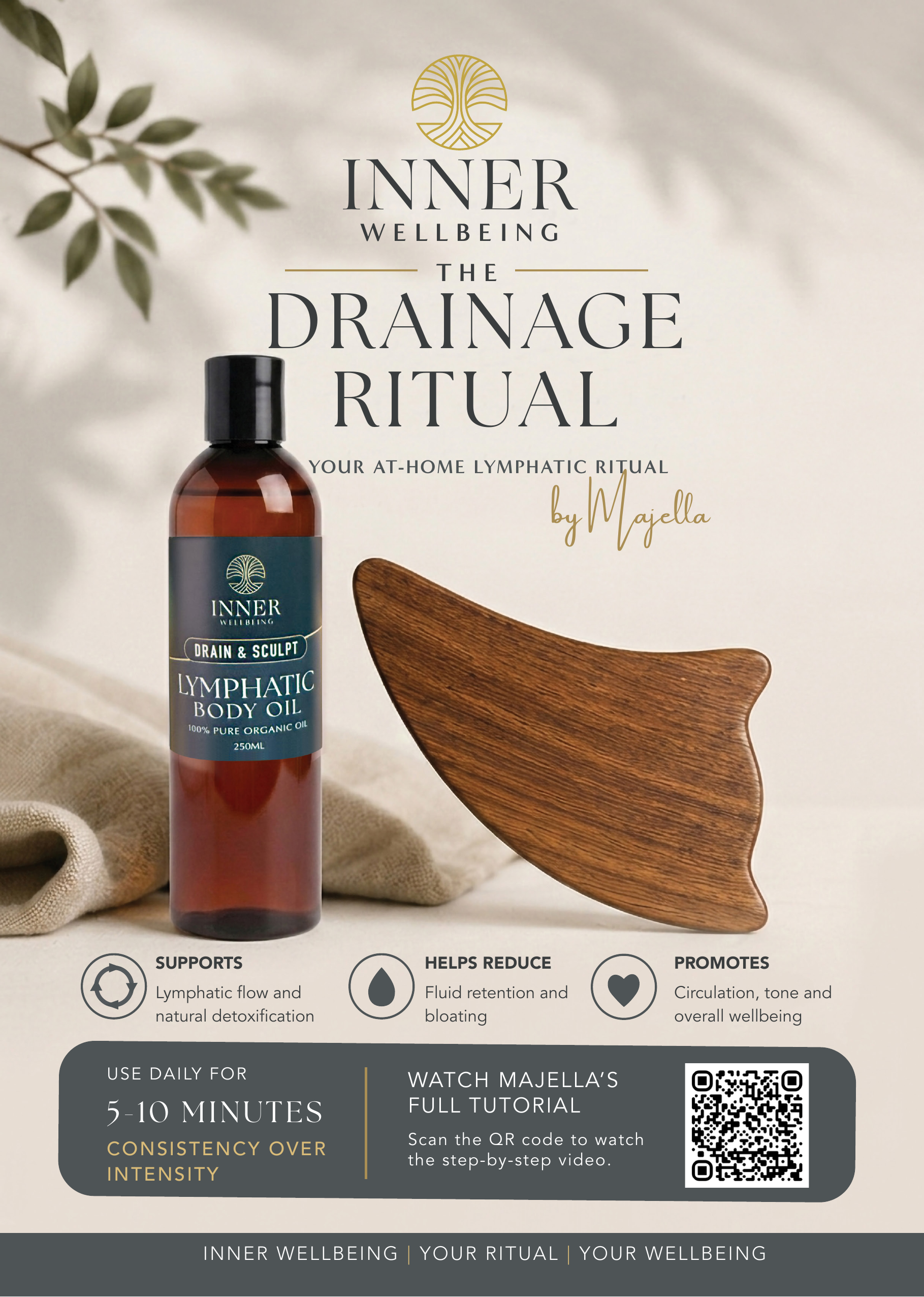 Inner Wellbeing 'The Drainage Ritual' by Majella, featuring a bottle of lymphatic body oil and a wooden gua sha tool on a beige background with decorative leaves and fabric.