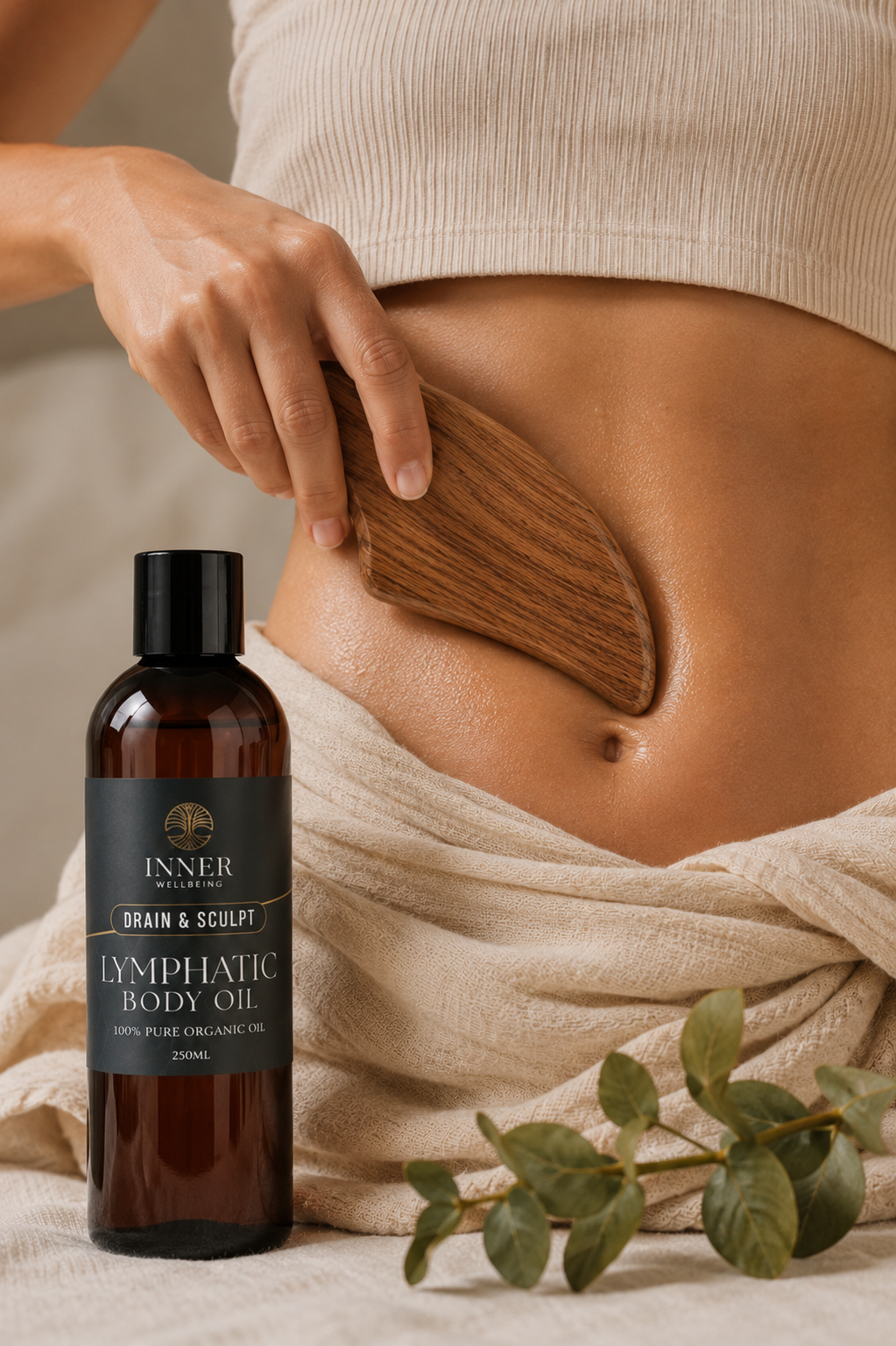 A person's midsection and hand are shown using a wooden刮痧板 on their side, with a bottle of INNER The Sanctuary Drain & Sculpt Lymphatic Body Oil in the foreground and a beige towel wrapped around the lower body.
