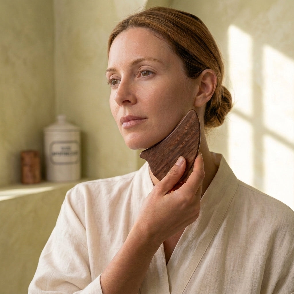 A woman in a light beige linen robe uses a dark brown wooden neck massager in a softly lit bathroom setting.