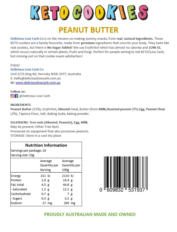 Keto Cookies - PEANUT BUTTER (10 cookies in each pouch)