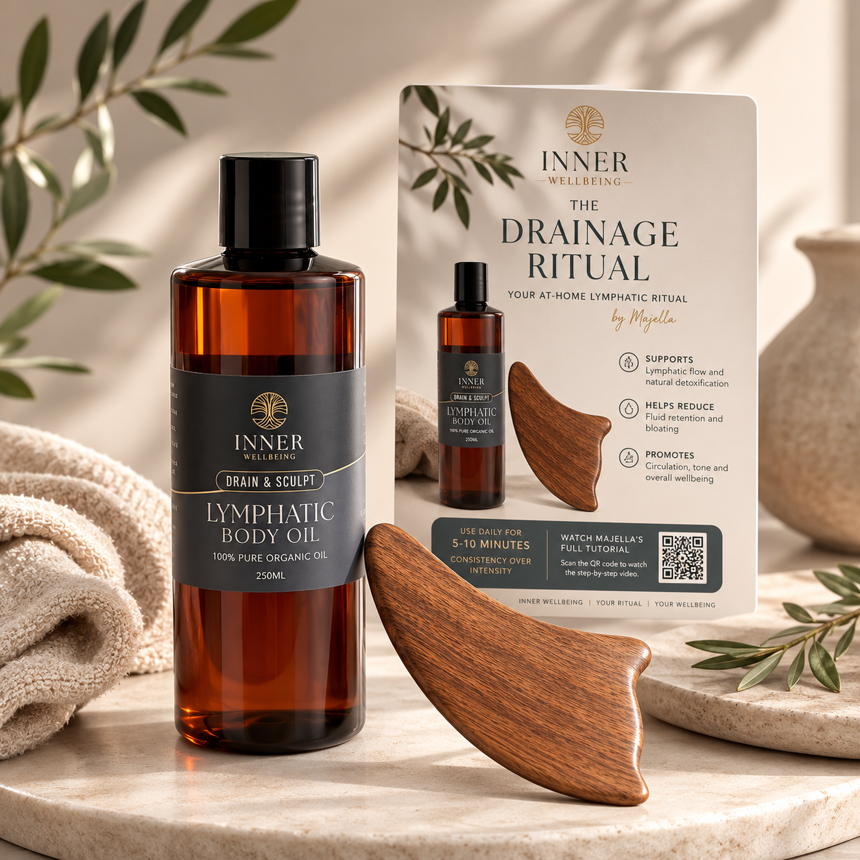 Inner Wellbeing Brain & Sculppt Lymphatic Body Oil bottle in amber glass with a black cap, displayed on a marble surface with a wooden gua sha tool, a folded beige towel, and the product card behind it.