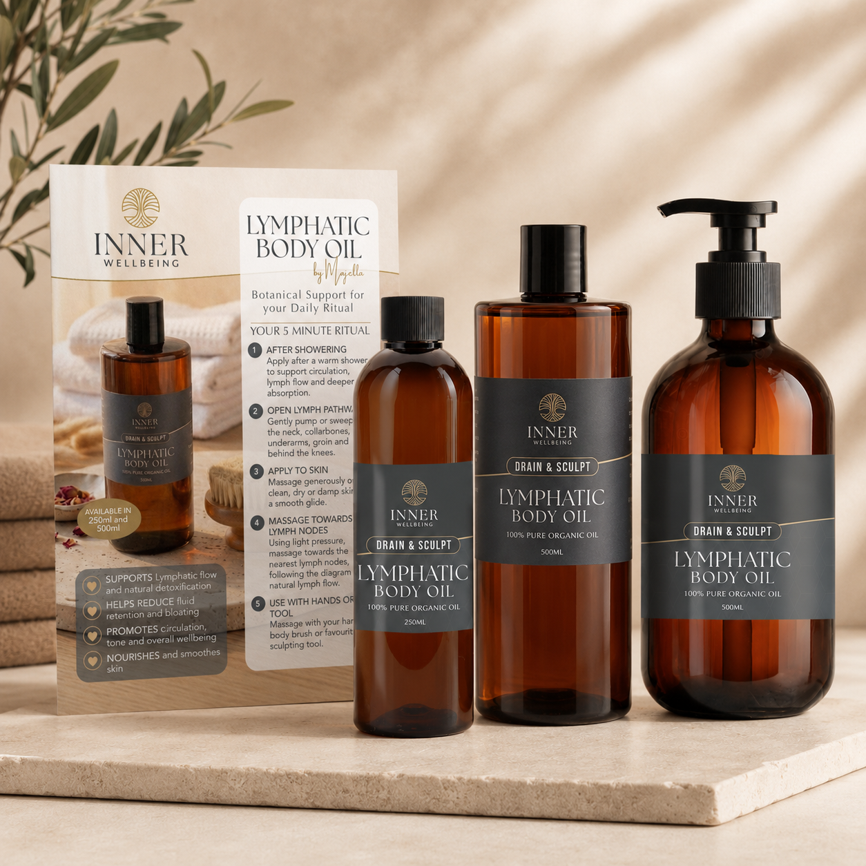 Inner Wellness Lymphatic Body Oil set including three amber bottles of different sizes with black caps and labels, a pump bottle, and an instruction card, arranged on a stone surface with a neutral beige background.