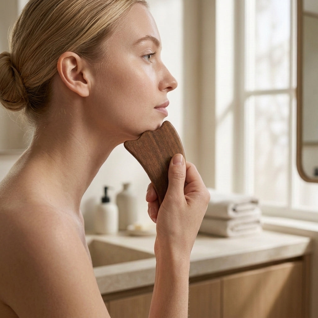 A woman in profile using a wooden facial massage tool near her jawline in a bright, modern bathroom setting.