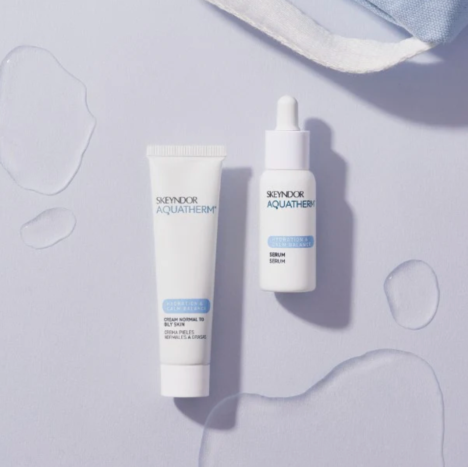 Skeudnor Aquatherm skincare products on a light gray background